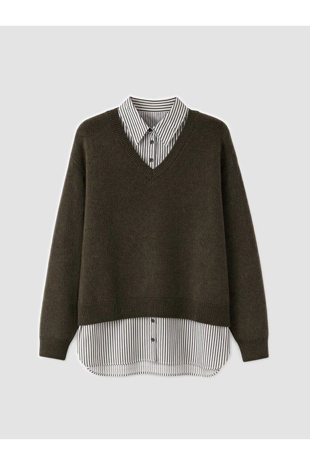 Khaki Shirt Collar Women's Knitwear Sweater