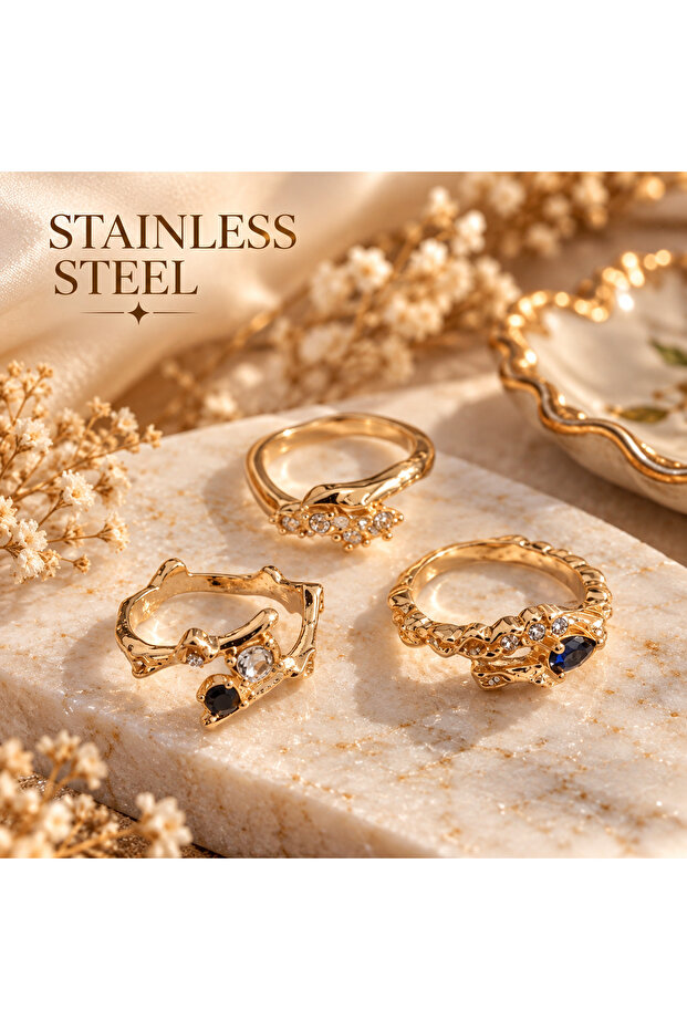 Brass Gold Color Asymmetric Design Adjustable 3-Piece Steel Ring Set