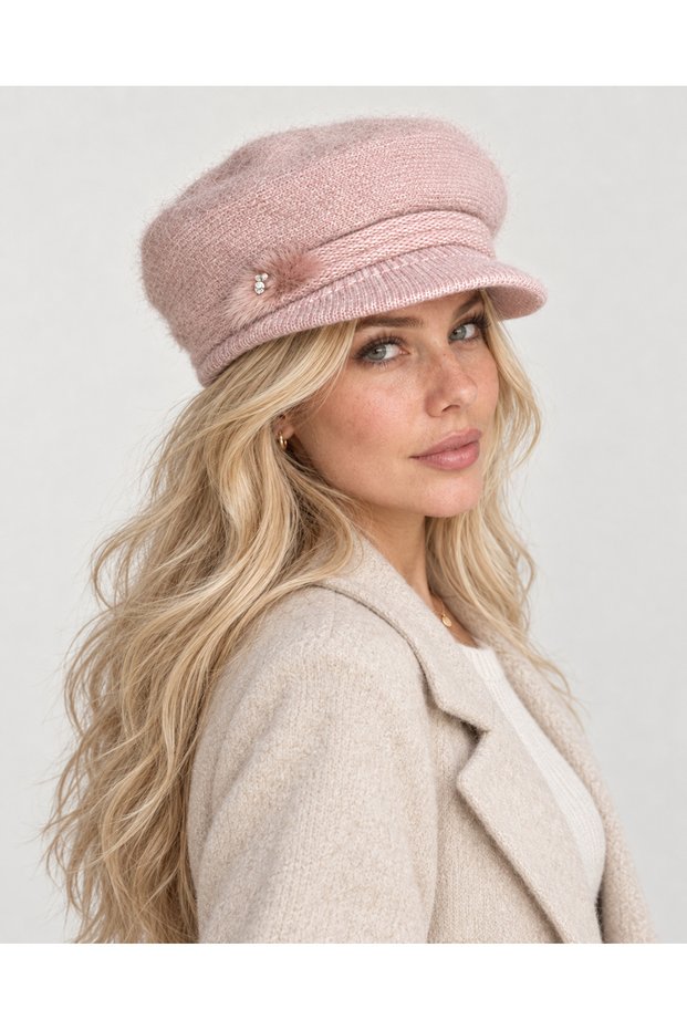 Women's Angora Furry Brooch Detail Cap Hat - Wool Textured