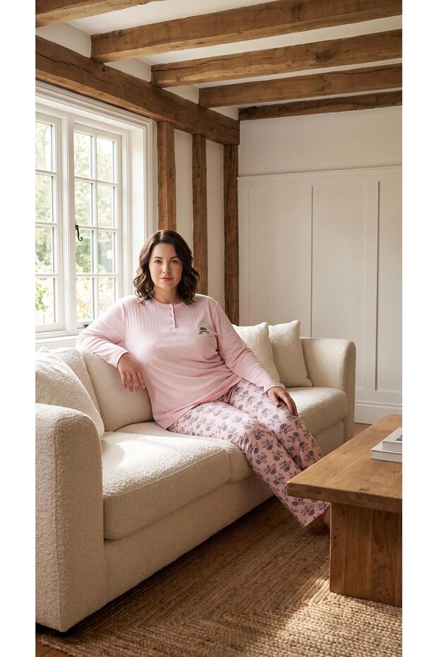 Women's Winter Plus Size Curve Embroidered Patterned Collar Buttoned Long Sleeve Pajama Set