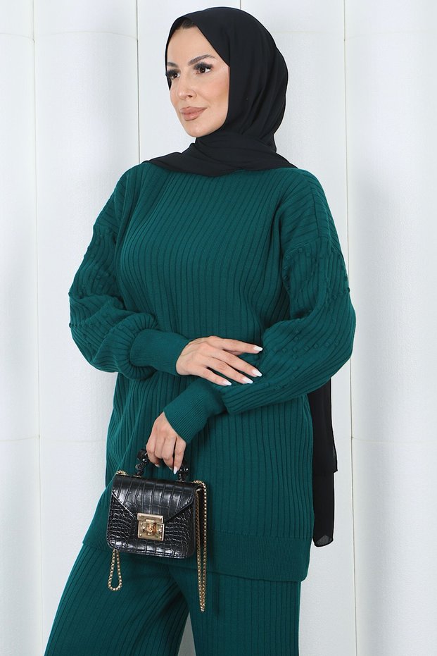 Half Turtleneck Sleeve Detailed Knitwear Suit with Trousers Emerald Hnt2811
