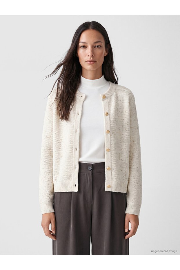 Beige Crew Neck Women's Knitwear Cardigan