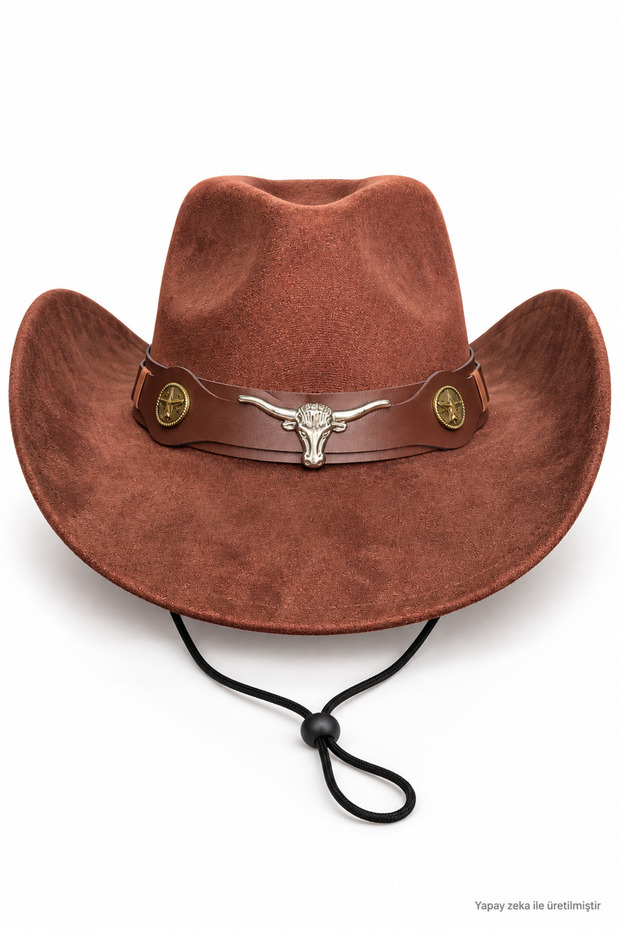Unisex Suede Look Cowboy Hat with Metal Bull Figure, Wide Brim, Drawstring Western Hat