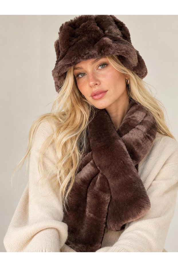 Hat and Scarf Black 2-Piece Set Plush Set - Hat Neck Warmer Premium Soft Winter