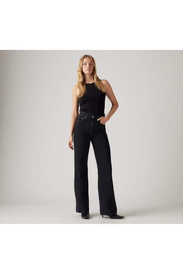 Ribcage Wide Leg Jeans / Super High Waist Wide Denim Pants Washed Black
