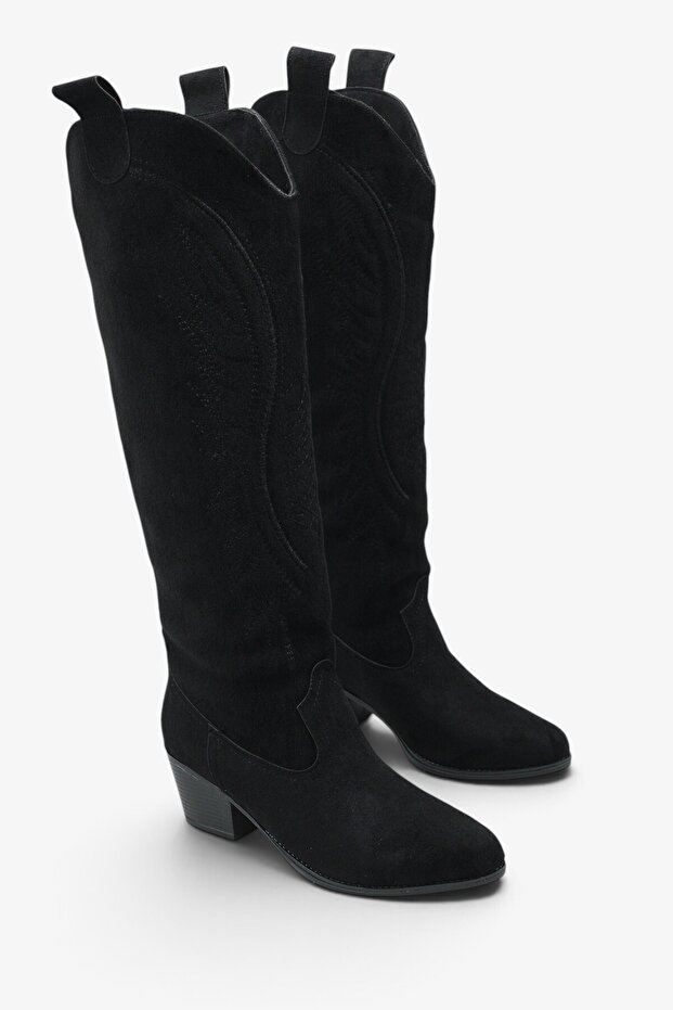 Women's Embroidered Black Suede Short Heel Cowboy Boots A030-K925