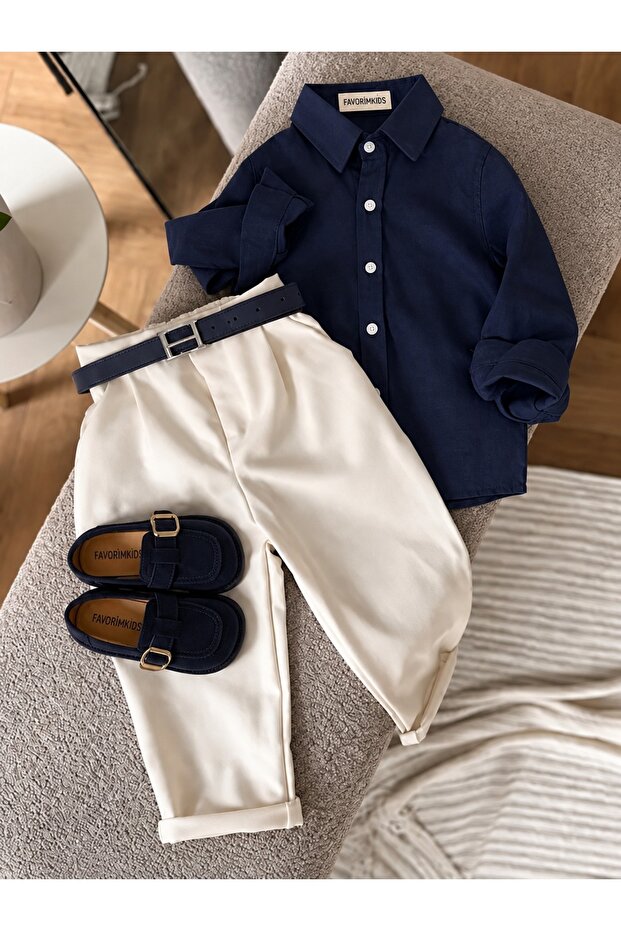 Boy's Navy Blue Shirt and Ecru Trousers 2-Piece Set.