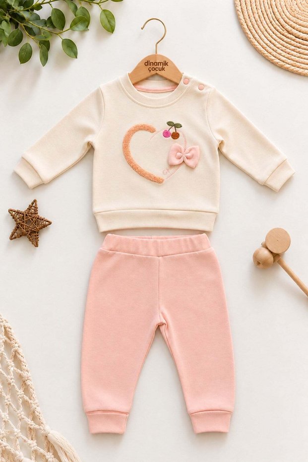 Baby Girl 2-Piece Top and Bottom Set with Heart Detail, Cherry and Bow Embroidery, Top and Bottom Tracksuit Set 6-24 Months