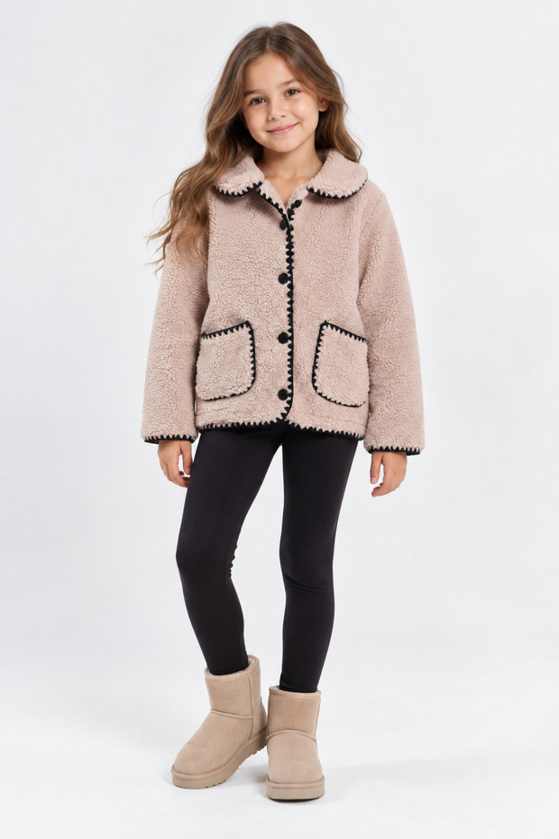 Girl's Lamb Plush Coat Black Ribbed Buttoned Pocketed Soft Winter Jacket Ak102