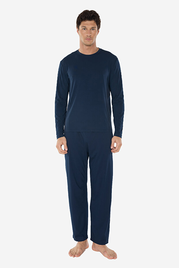 Men's Navy Blue Crew Neck Micro Modal Extra Soft Winter Pajama Set 6032