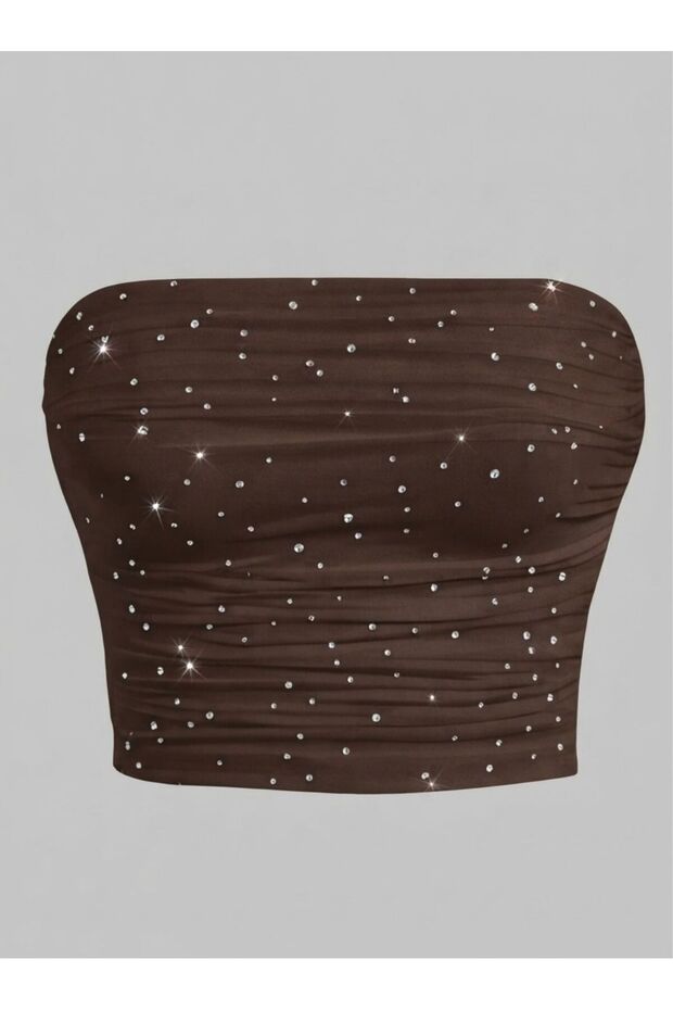 Strapless Diamond Crop Blouse with Draped Stone Details
