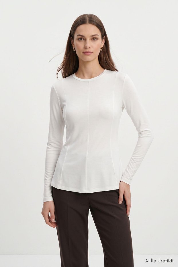 Crew Neck Long Sleeve Peplum Blouse 8402A Ecru