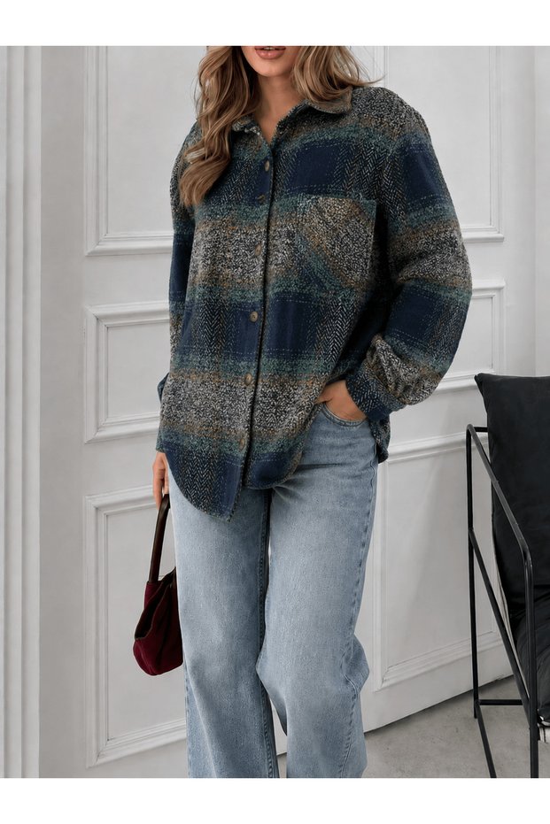 Plaid Pattern Cashmere Shirt - Navy Blue & Green