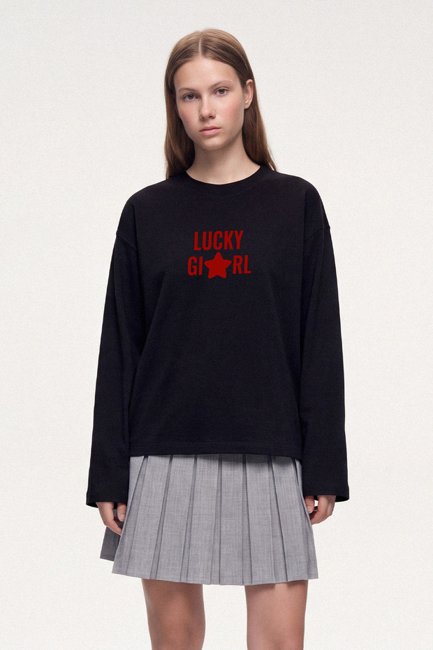 Eazy Unisex Oversize Long Sleeve T-Shirt 100% Cotton Black Lucky Girl Printed Boxy Fit T-Shirt