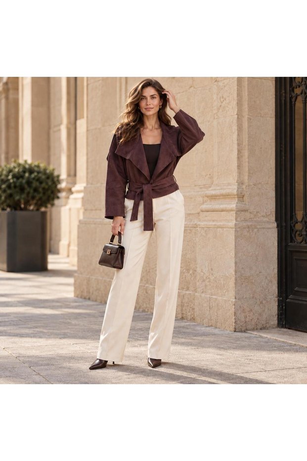 Women's Raglan Sleeve Shawl Collar Belted Suede Coat Mta26K1100