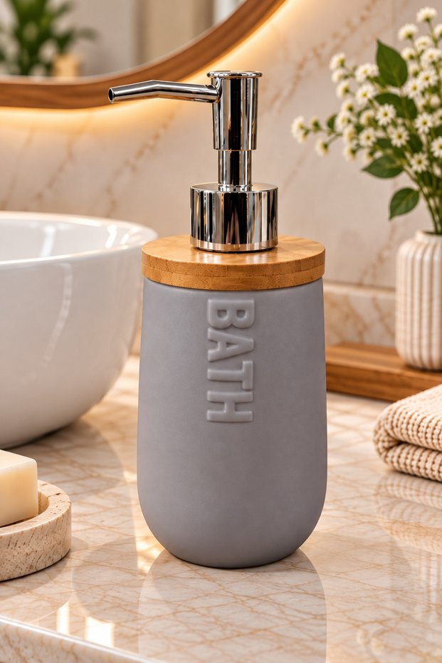 Ceramic Liquid Soap Dispenser with Bamboo Lid 460 ml 8.5X20 cm Gray