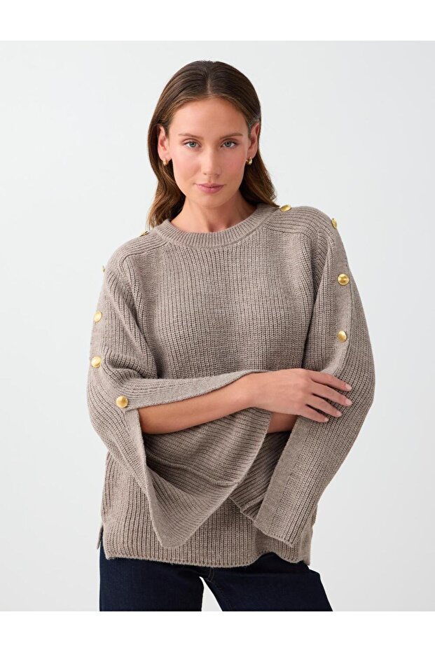 Coffee Melange Button Detailed Sleeve Slit Comfortable Cut Knitwear Sweater