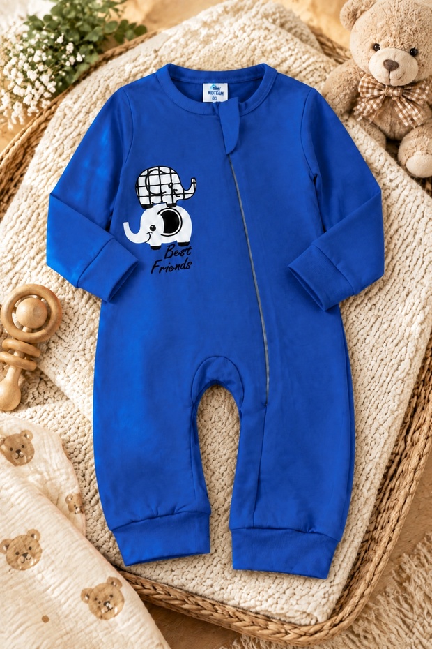 Unisex Baby Romper Long Sleeve Zippered Cotton Elephant Printed