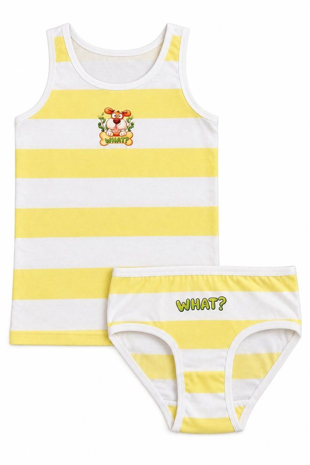 Girl's 2-Piece Underwear Set, Yellow and White Striped Dog Print, 2-Piece Undershirt and Panties Set, Cotton Kids' 2-Piece Set, Patterned 2-Piece Underwear, Gift Underwear 2Tkm-13-Sb