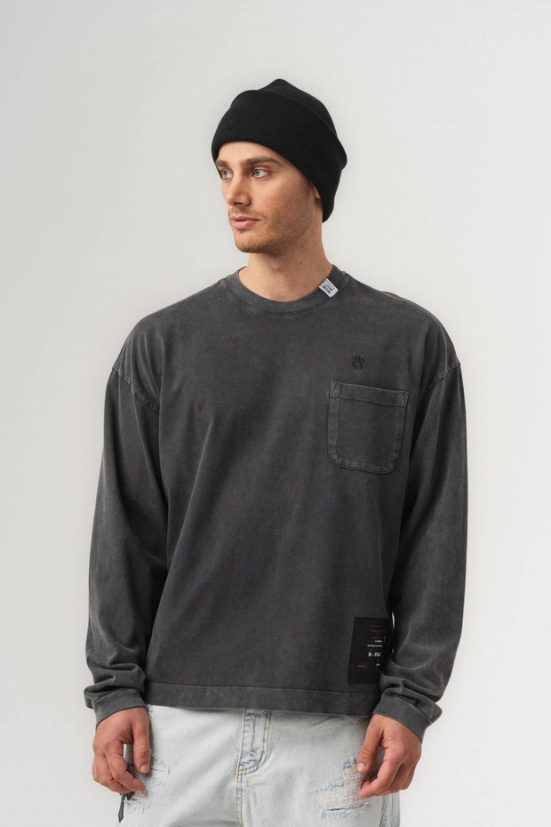 Rawbel Pocket and Patch Detailed Washable Oversize Crew Neck Men's Sweatshirt