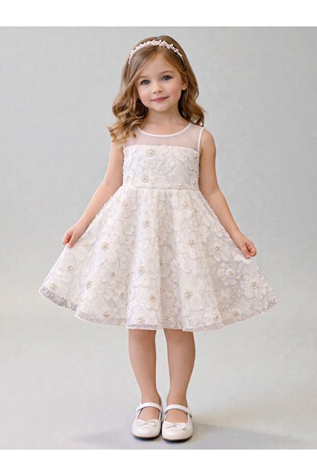 Flower-Patterned Strappy Dress for Ages 4-8 - Cream