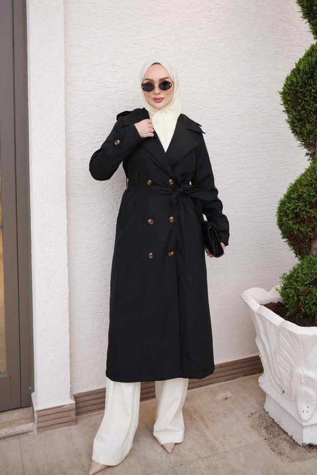 Black Double-Breasted Collared Buttoned Trench Coat