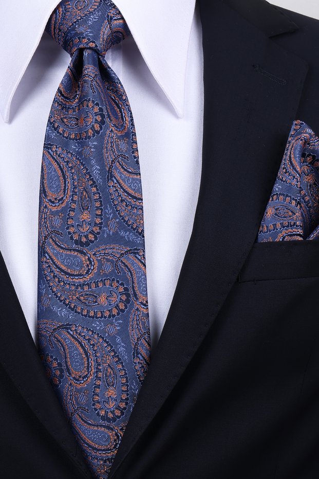 Hand Made 8 cm Large Shawl Pattern Navy Blue Tile Color Handkerchief Tie
