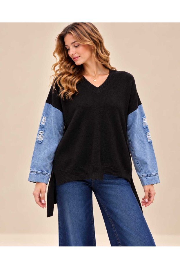 New Season Premium Quality Denim Sleeves V-Neck Oversize Knitwear Sweater