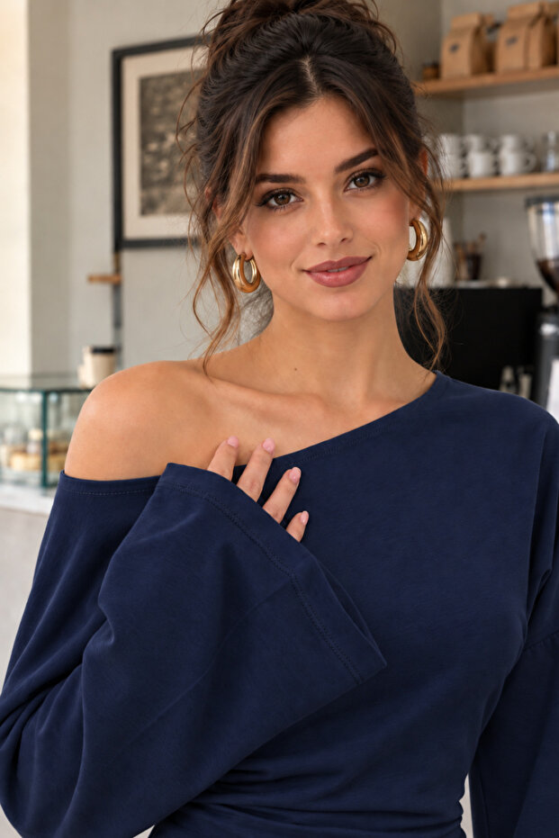 Women's Open Collar Spanish Sleeve Navy Blue Blouse