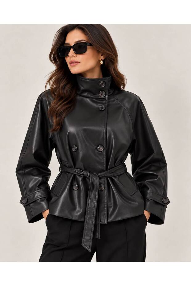 Women's Premium Faux Leather Lined Stand Collar Belted Pocket Trench Coat Jacket