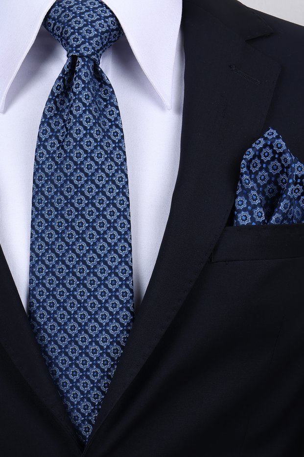 Hand Made 8 cm Motif Pattern Navy Blue Color Handkerchief Tie