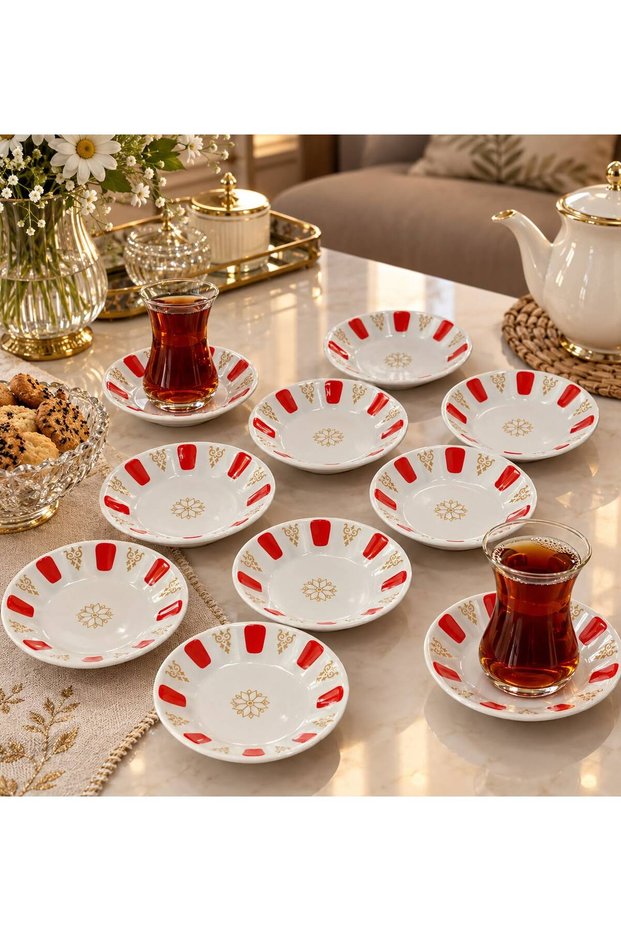 Porcelain Red and White Coffeehouse Style Authentic Tea Saucer Set of 12 with Wide Base