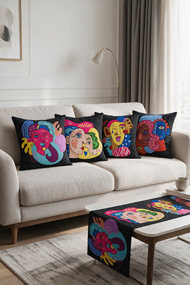 Black Color Picasso Faces Double-Sided Printed Suede 5 Piece Living Room Set - 4 Cushion Covers 43X43 cm + Runner 140X40 cm