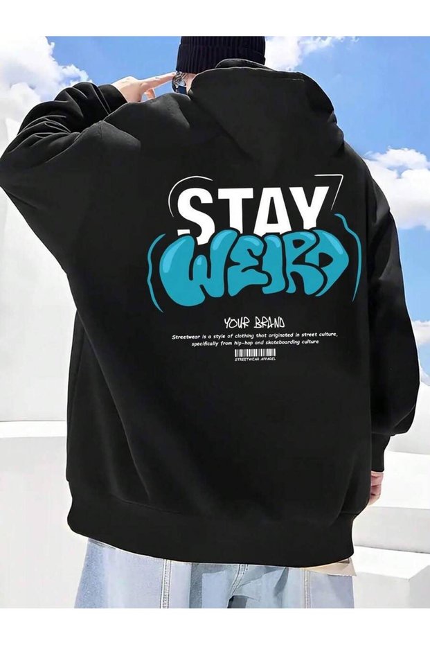 Black Stay Weird Back Printed Oversize Hooded Sweatshirt
