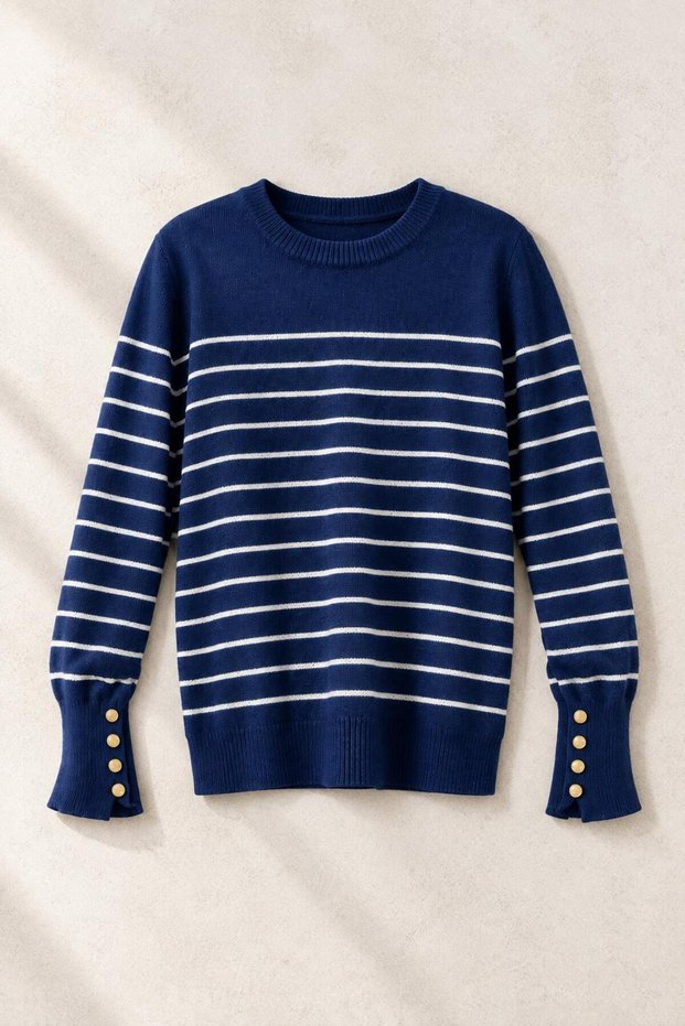 Spanish Cuffed Button Detailed, Striped Knitwear