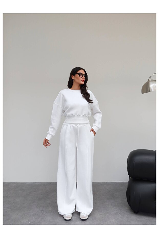 Crop Sweatshirt Şardonlu Tracksuit Set