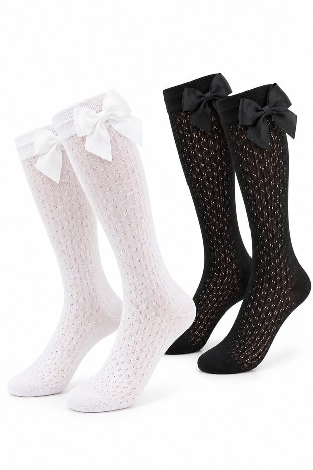 Girl's Bowknot Knee-High Socks, 2-Piece Set, Black and White, Openwork Knitted Pattern, Ages 2-12