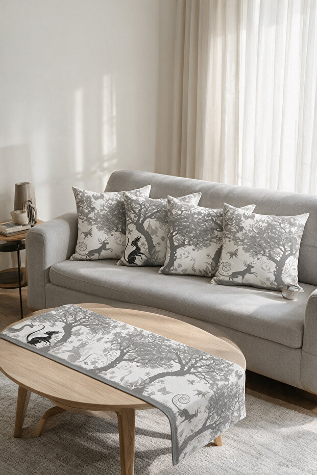 Gray Forest Deer Patterned Double-Sided Printed Suede 5-Piece Living Room Set - 4 Cushion Covers 43X43 cm + Runner 140X40 cm