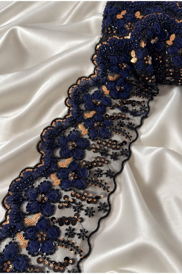 Floral Sequin and Beaded Lace Appliqué Ribbon [1 meter]