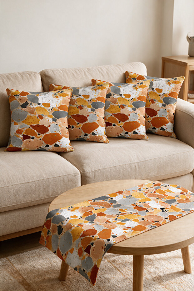 Orange Tile Terrazzo Stone Double-Sided Suede 5-Piece Living Room Set - 4 Cushion Covers 43X43 cm + Runner 140X40 cm