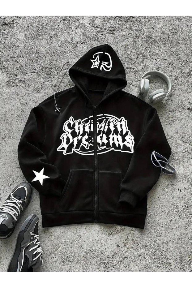 Black Star Detailed Gothic Printed Zippered Oversize Sweatshirt