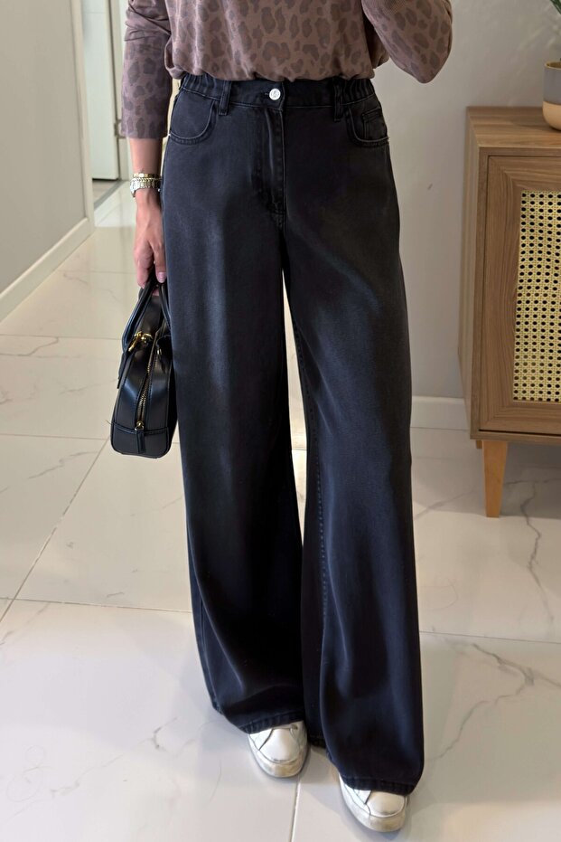 100% Cotton Anthracite Elastic Waist Palazzo Pants (Without Belt) 4S1071