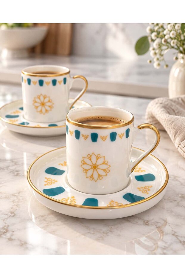 2-Person Porcelain Acem Turquoise Coffee Cup Set