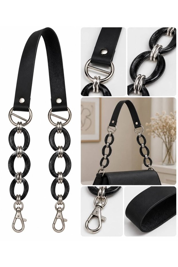 Faux Leather Beaded and Metal Detailed Bag Handle 75 cm - Silver Clip Bag Strap Black
