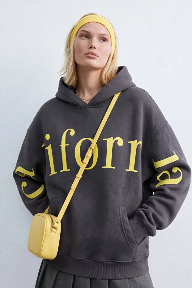 Women's sleeve printed hooded sweatshirt - anthracite