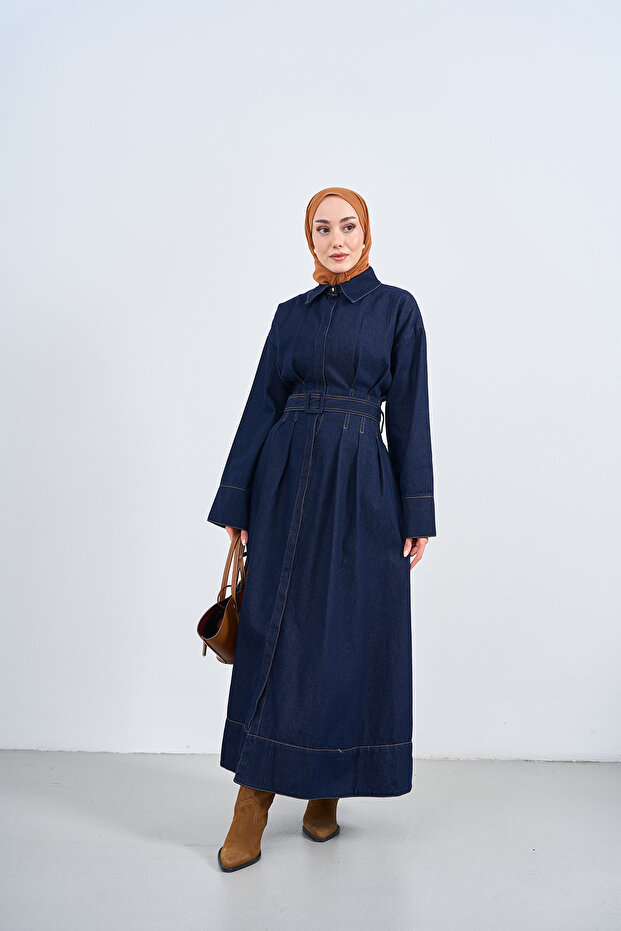 Women's Pleated Stitching Detail Belted Denim Dress Navy Blue