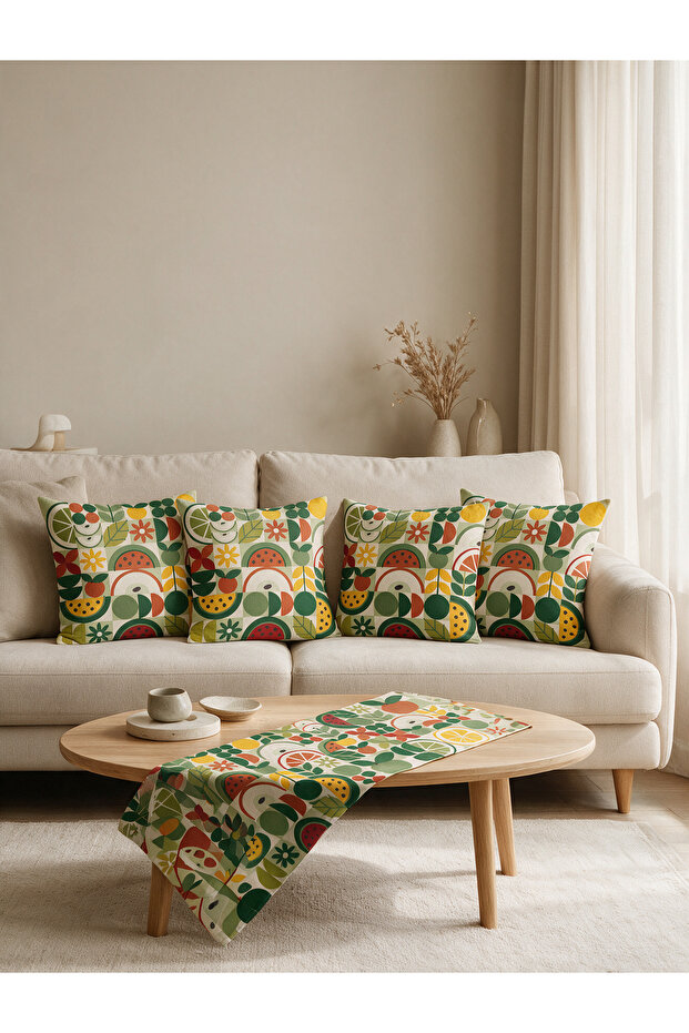 Retro Watermelon Fruit Patterned Double-Sided Suede 5-Piece Living Room Set - 4 Throw Pillows (43X43 cm) + Runner (140X40 cm)