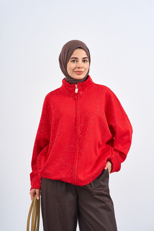 Women's Double Pocket Glitter Zipper Sweatshirt Red