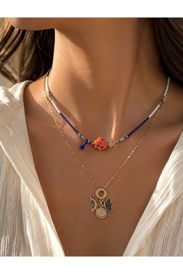 Steel Rainbow Charm Combination Necklace with Blue Beaded Necklace Composed of Two Separate Necklaces Acr9757