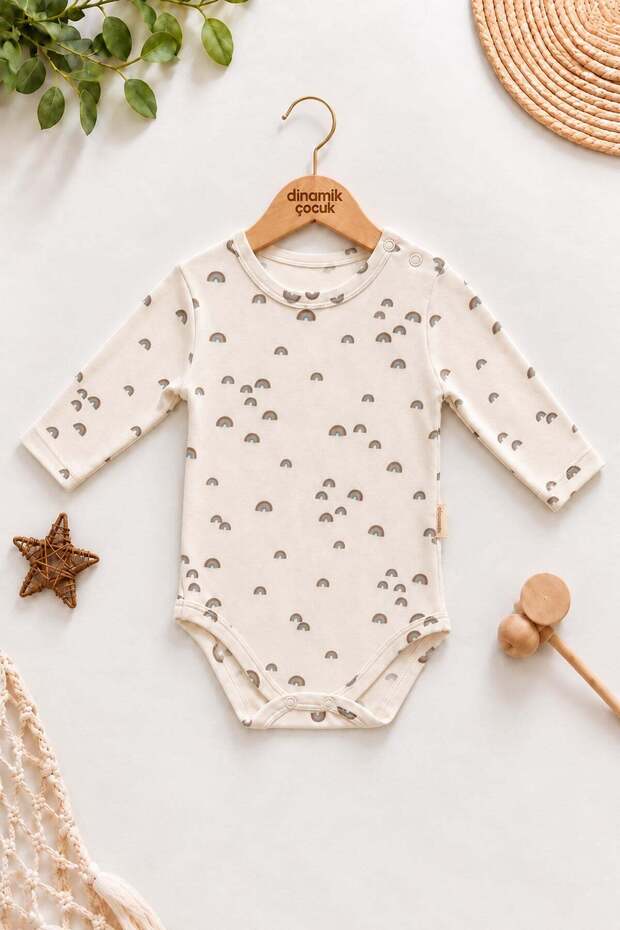 Baby long sleeve rainbow patterned cotton bodysuit with snap closures at shoulder and bottom, 0-18 months